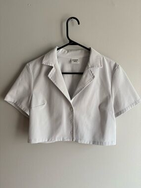 Sunday Best White/Light Blue Cropped Camp-Collar Button Up Top/Blouse